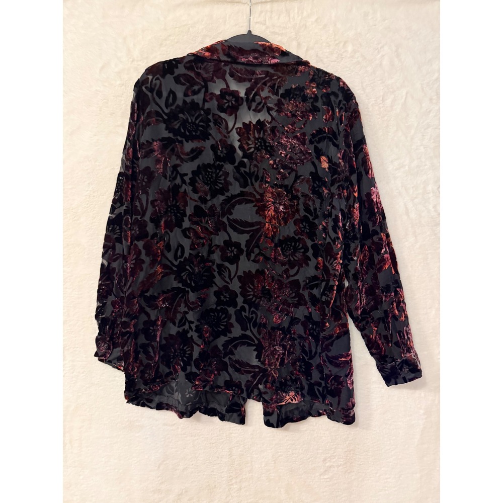 Sigrid Olsen Silk Blend Burnout Velvet Floral Blouse XL Burgundy Black Sheer Top - Picture 6 of 7